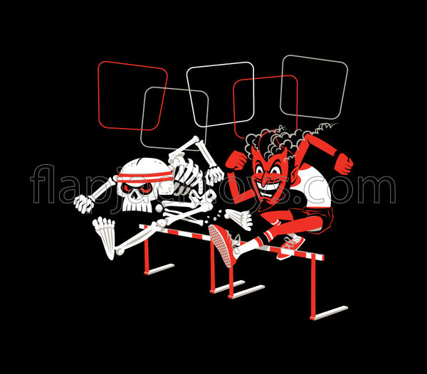 Flapjack Toys Hurdlers Black T-shirt Design - Skeleton and Devil